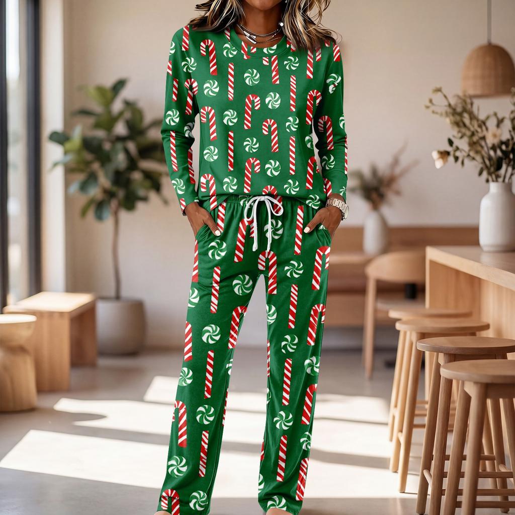 Lässiges Pyjama-Set mit langärmeligem Rundhals-Oberteil und weiter Hose zum Schlafen und