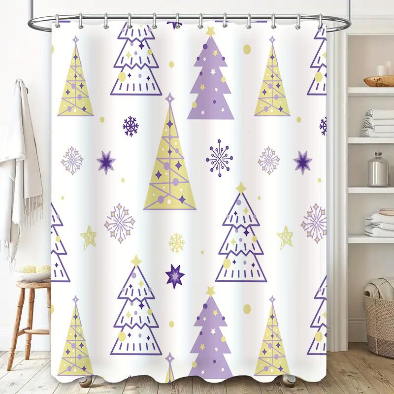 GAEPurple Christmas Tree Shower Curtain with Yellow Snowflakes Waterproof Bath Mat Set for Home Decor in Bathroom Accessories