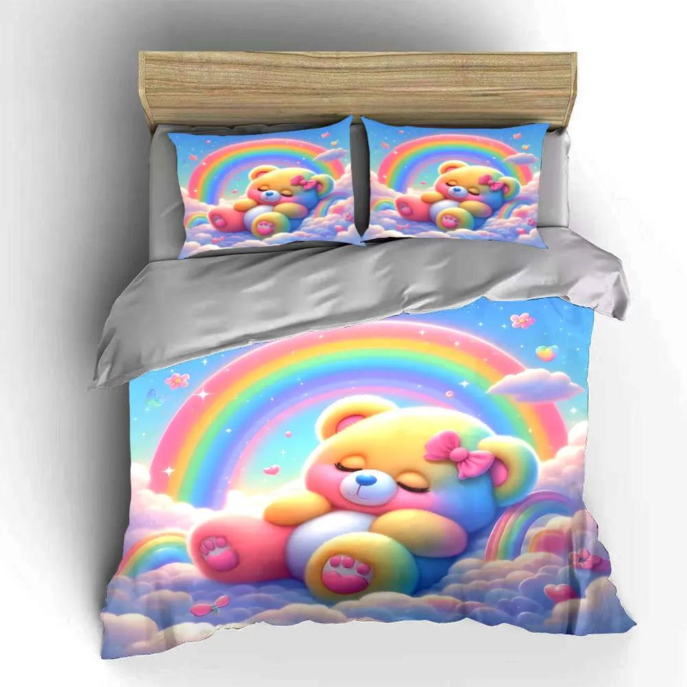 "Rainbow Teddy Bear Gift Set" Multiple sizes kid's and adults' bedroom Exquisite 3PC bedding set, gift