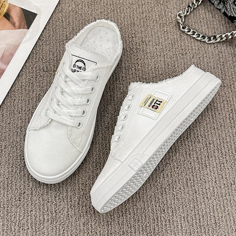 2025 Spring and Autumn New Canvas Shoes Female Students Half Drag Lazy One Pedal Versatile Breathable Casual White Shoes Tide