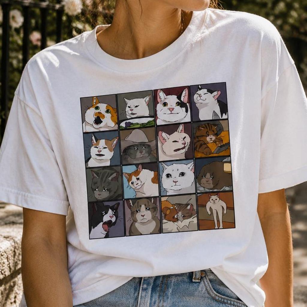 Cute Cats Grid T-shirt | Cartoon Cat Faces Collage Tee, Funny Cat Grid Shirt, Cat Lover Gift