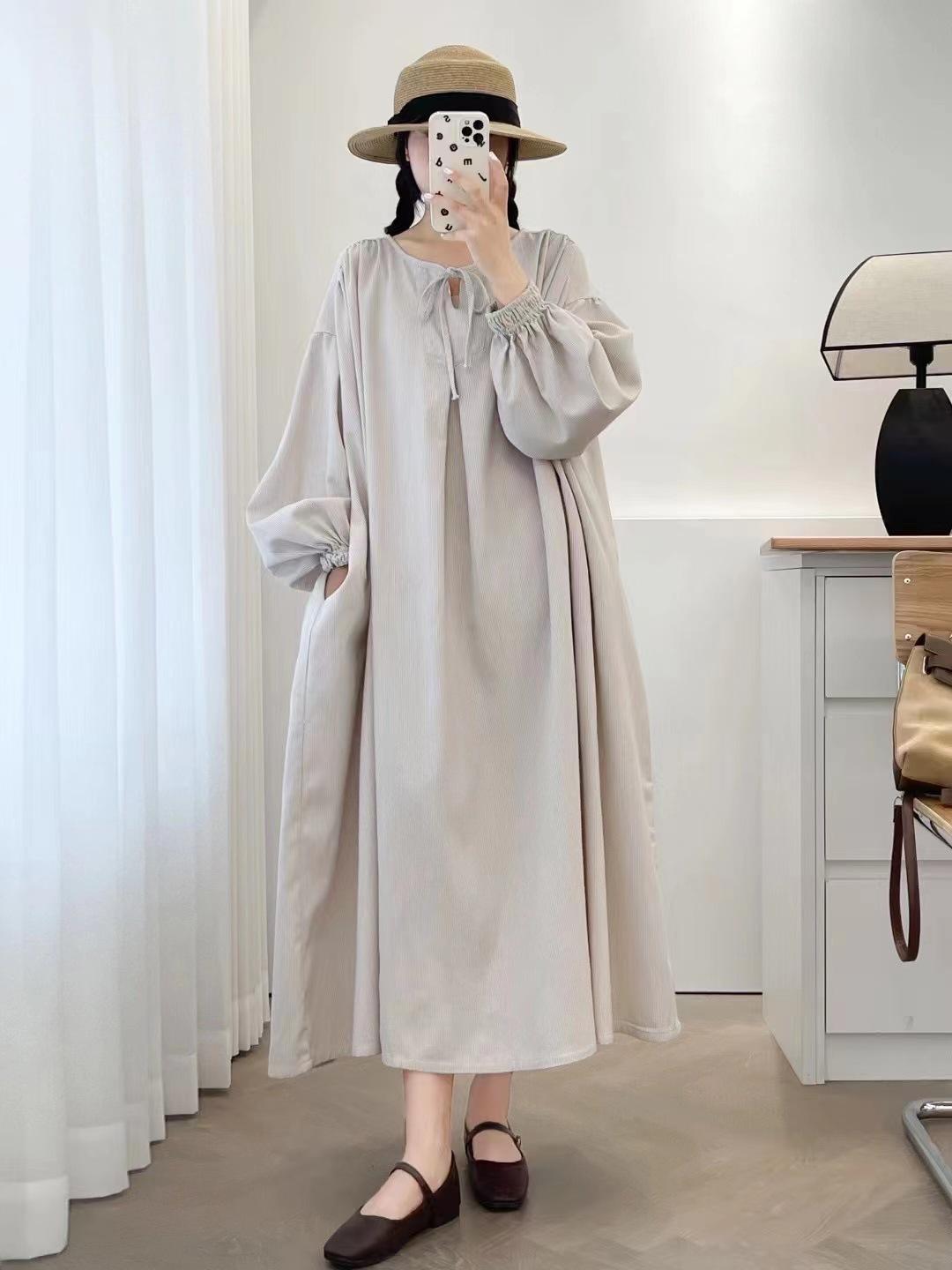 

Johnature Платье в полоску с круглым вырезом и галстуком, японское осеннее винтажное свободное повседневное простое женское платье в полоску One Size бежевый