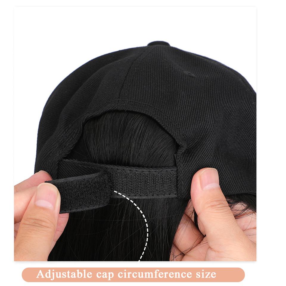 Lange, glatte Kappenperücke aus Kunstfaser, schwarzes Baseballkappenband, Haarverlängerung, Kappenperücke, verstellbar, hitzebeständig, Damenperücke