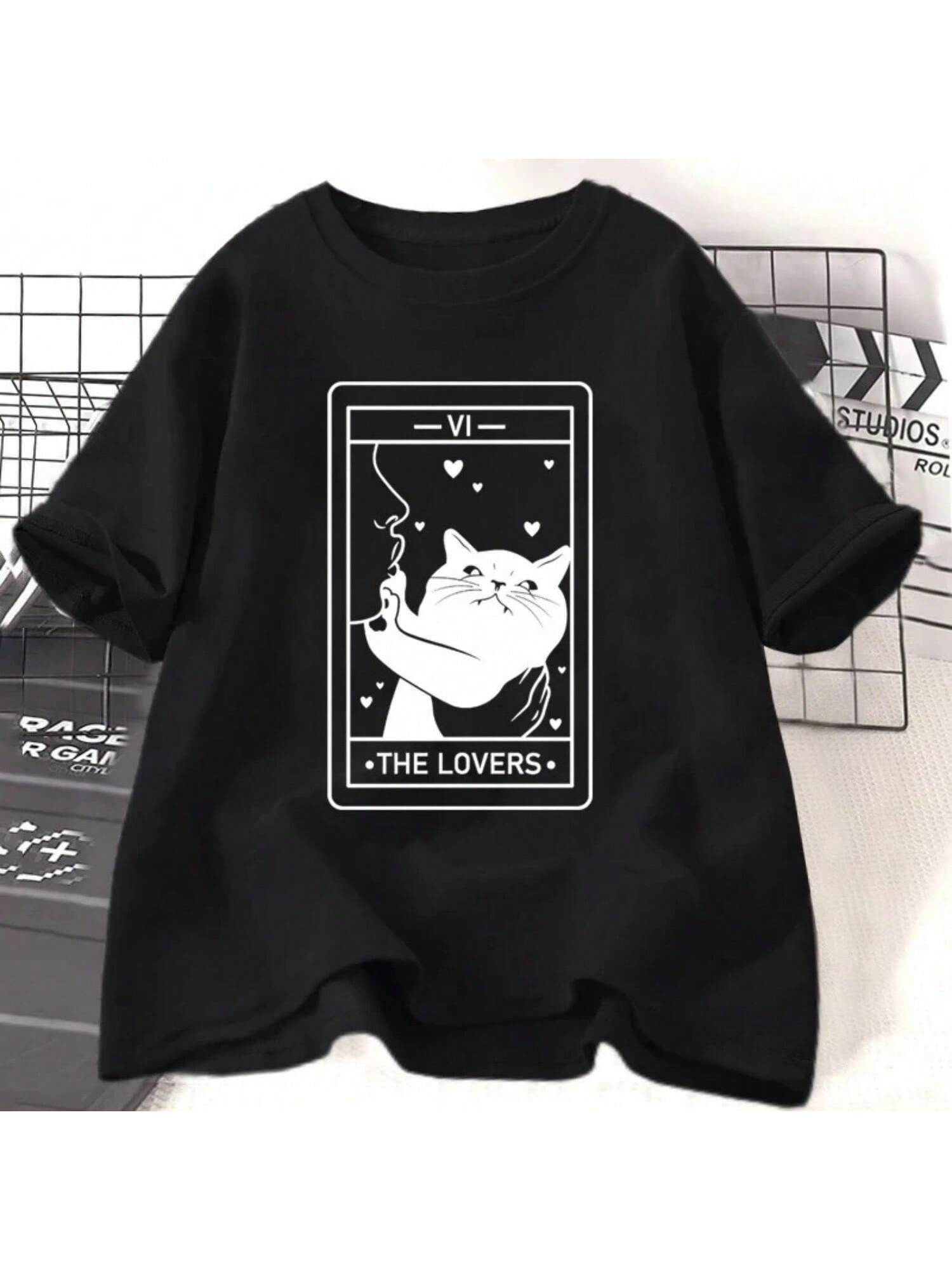 Tarot Lover T-Shirt Short Sleeve Cat Lover T-Shirt Crazy Cat Wounisex s Graphic T-Shirt Harajuku Casual Retro Clothes T-Shirt Y2K S разноцветный