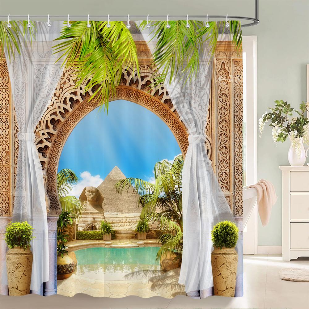 European Garden Patio Landscape Shower Curtains Beach Flowers Bathroom Curtain for Bathroom Polyester Waterproof Shower Curtain