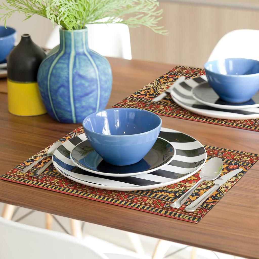 comfoyar Boho Vintage Red Placemats Set of 4, 12x18Inch Non-Slip Linen Bohemia Flower Place Mats, Washable Absorbent Rustic Country Style Table Mats