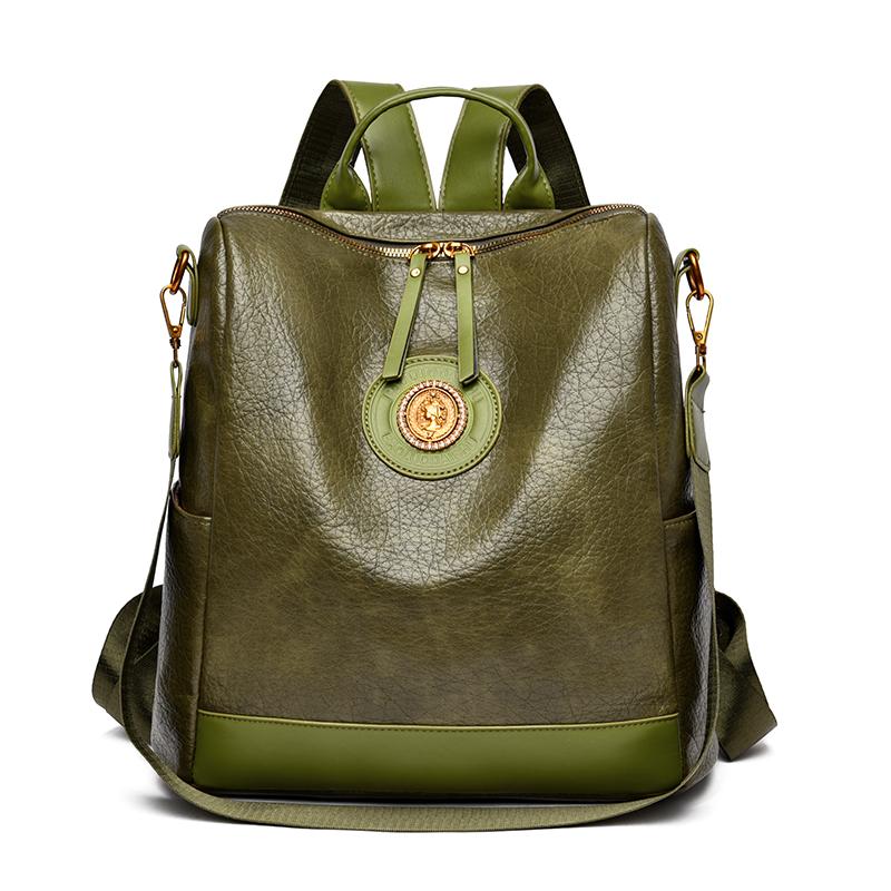 Women PU Leather Backpack Multifunctional Vintage Badge Shoulder Bag Large Capacity Anti‑theft Travel Crossbody Bag Casual Ladies Handbag For Daily