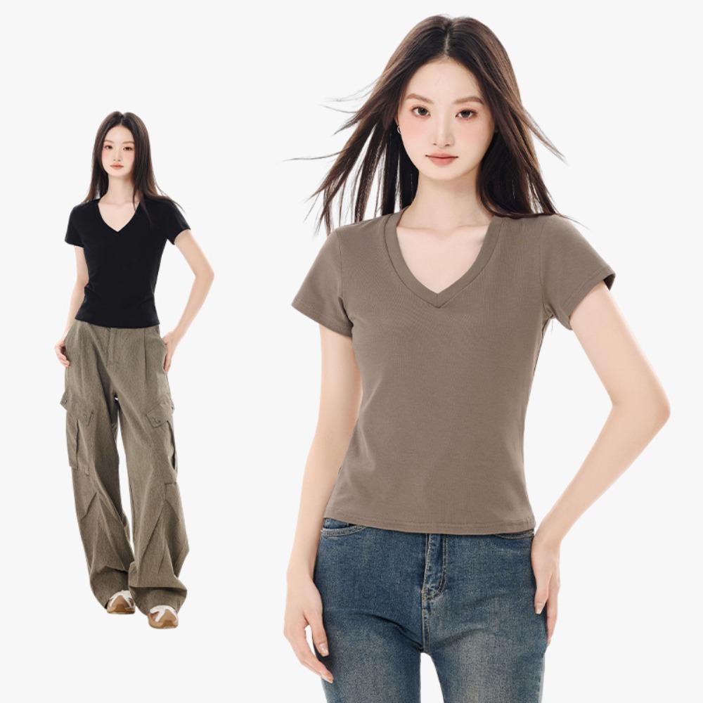 Damen Frühling Sommer Lässiges Sexy V-Ausschnitt Slim Fit Kurzarm T-Shirt