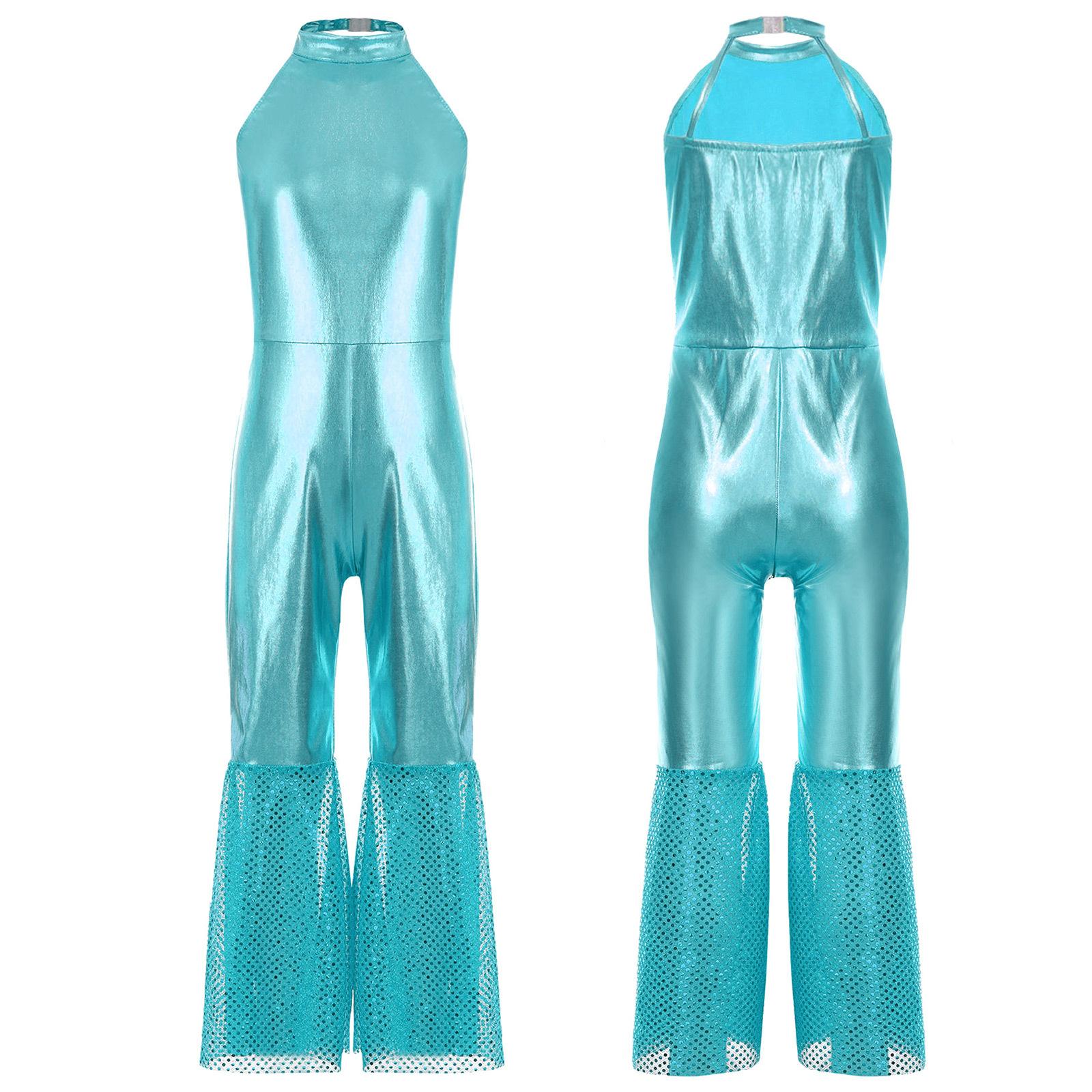 

Дівчачий комбінезон диско 70-х Блискучі металізовані паєтки Без рукавів З відкритою спиною З високою талією Боді Ретро костюм для танцювальної вечірки 15-16 Years небо синє кольору