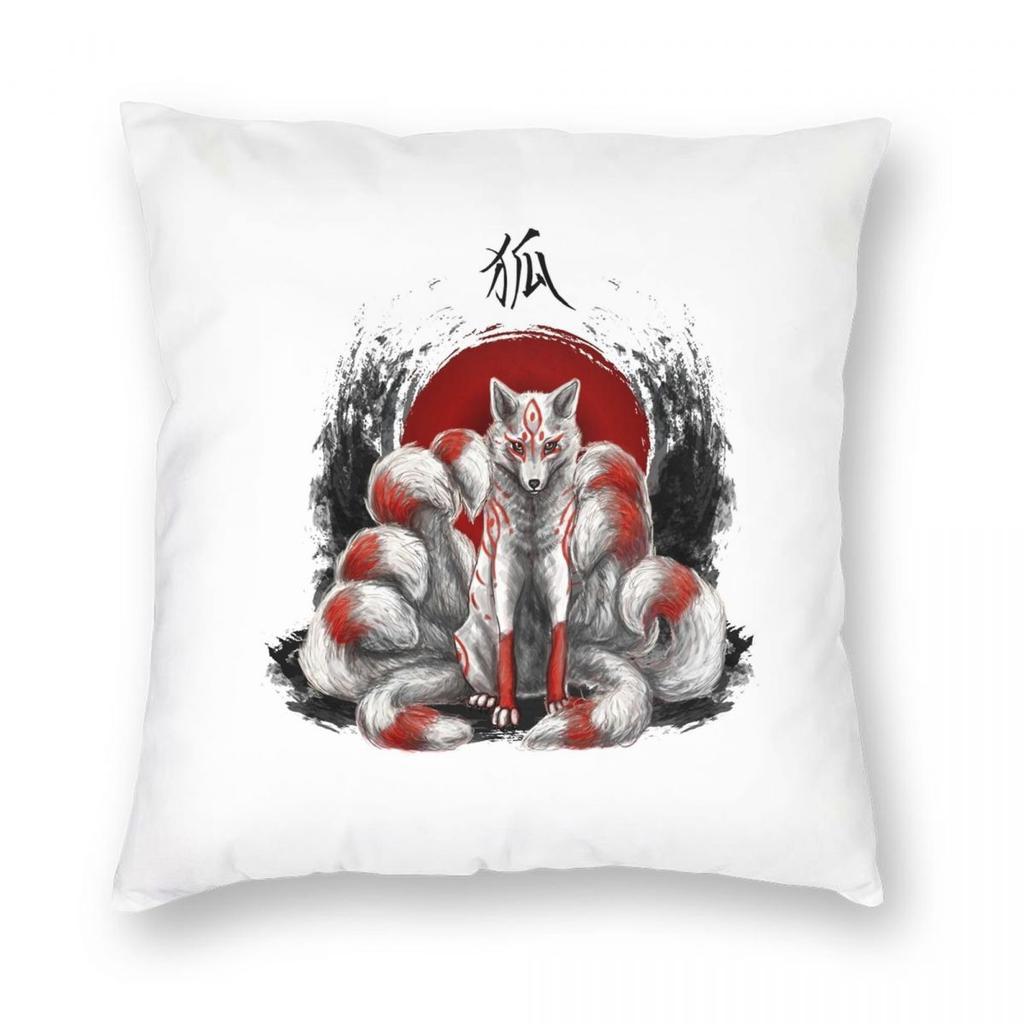 Japanese Nine Tailed Fox Kitsune Pillowcase Polyester Linen Velvet Printed Zip Decor Room Cushion Cover Wholesale