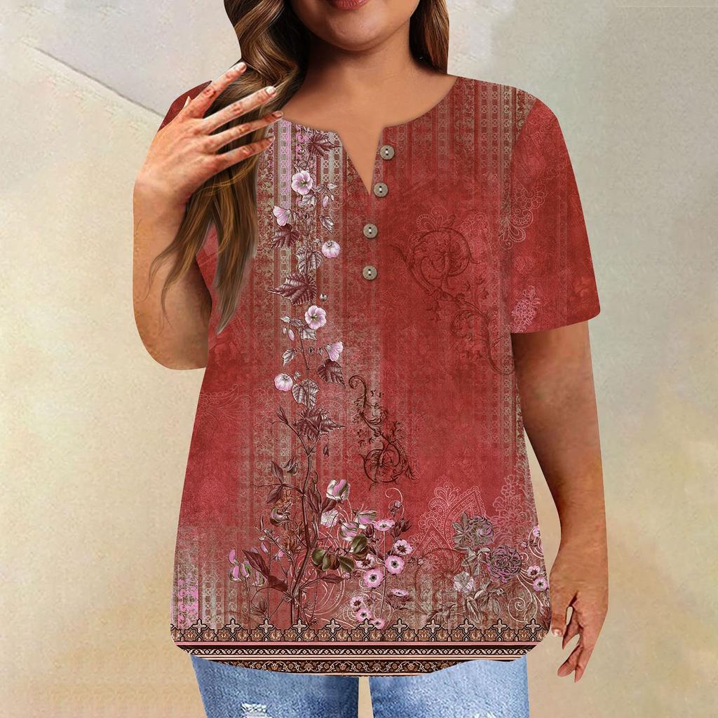 Damen-Kurzarmshirt mit Knöpfen, Übergröße, T-Shirt mit Blumenmuster, lässige Oberteile