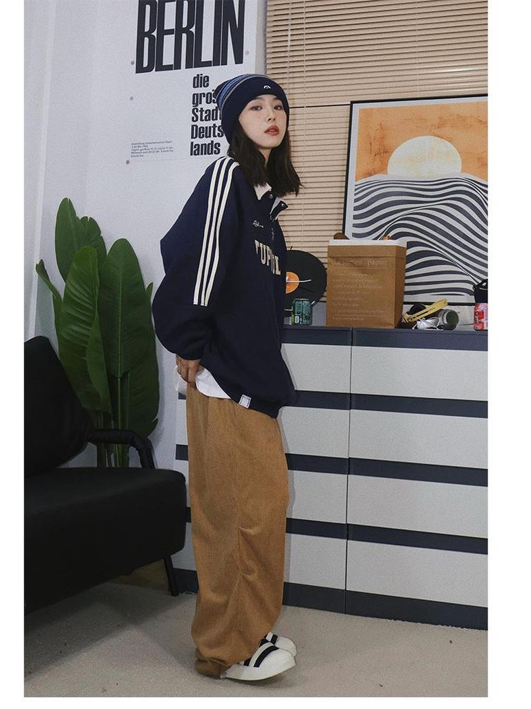 Wyszywane Retro Preppy Litera Polo z Długim Rękawem - Modny Wykładany Kołnierzyk Luźny Krój z Bocznymi Paskami, Unisex, Wszechstronny Styl.