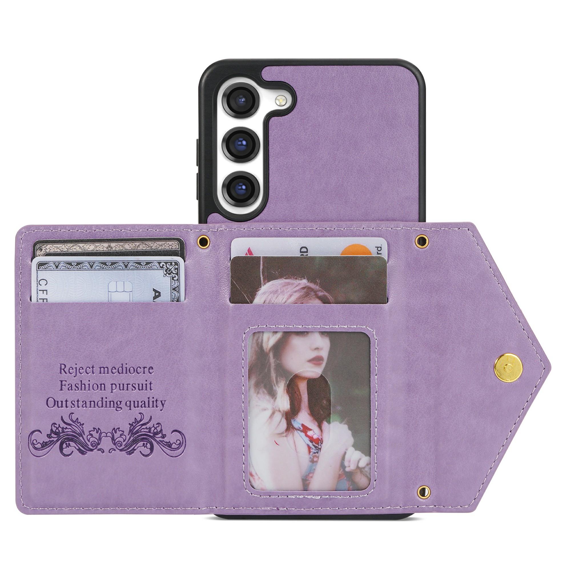 

N.BEKUS for Samsung Galaxy S23+ Anti-scratch PU Leather Coated TPU Cover Zipper Pocket Wallet Kickstand Phone Case with Shoulder Strap Purple