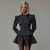 Dark Gray Butterfly Print Puff Sleeve Short Blazer and Puff Dress Set