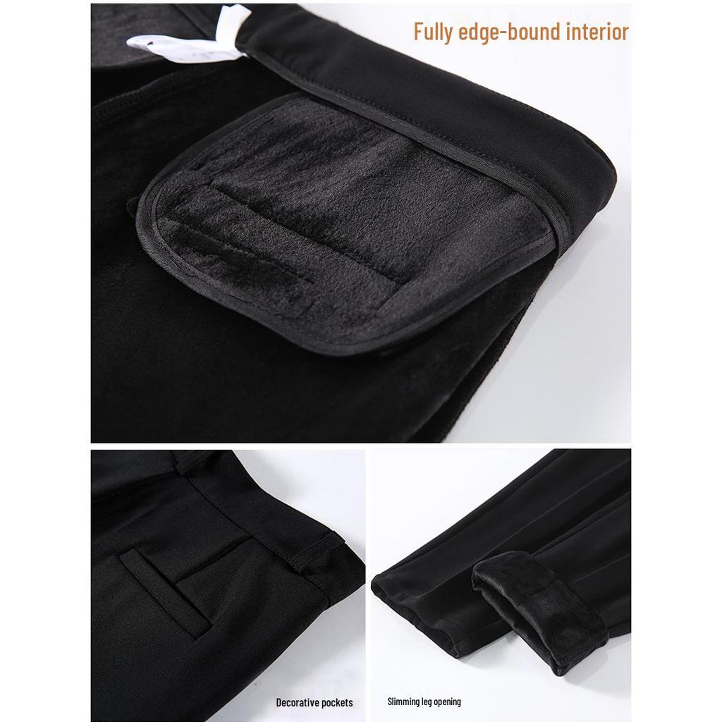 Women's Black High-Waisted Fleece-Lined Slim-Fit Suit Pants for Autumn/Winter - Casual Straight-Leg Formal Wear