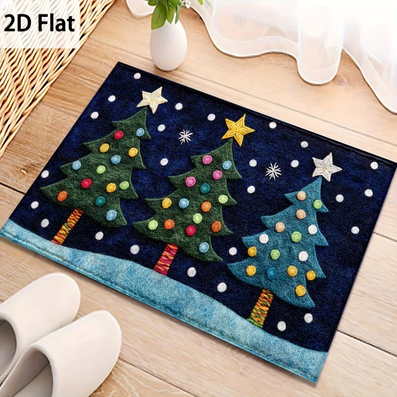 Christmas Tree Doormat Three Colorful Trees Blue Snow Welcome Mat Non Slip Soft Flannel Floor Rug for Front Door Entryway
