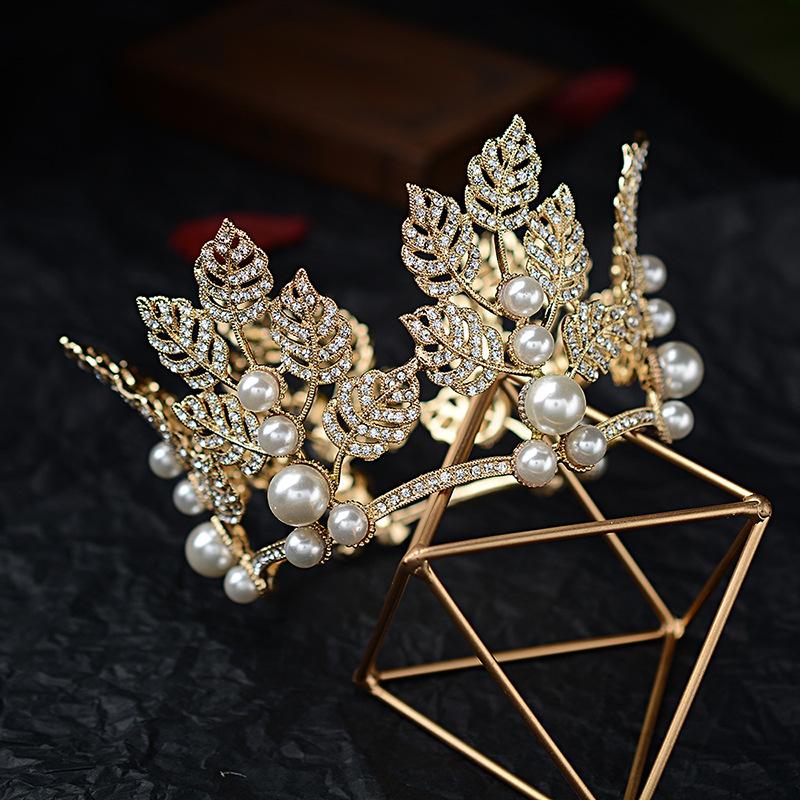 Baroque Bridal Tiara Crown Pearl Rhinestone Round Princess Crown Wedding Accessories Jewelry