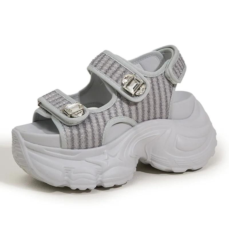 Fashion 9CM Women's Thick Heels Sandals Summer Breathable Slip-On Slippers Magic Tape Leather Beach Sandals Bling Diamond Casual Shoes