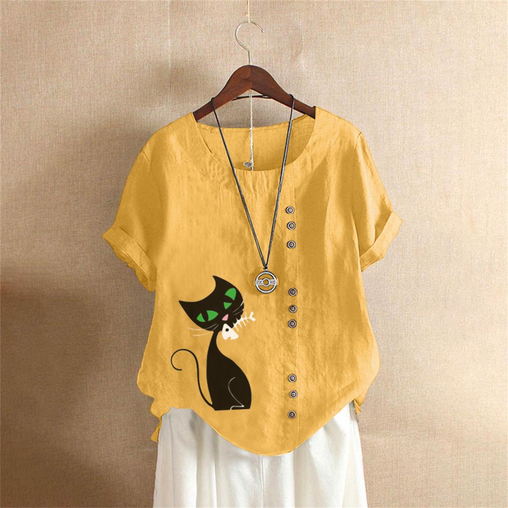 Summer Oversized Cotton and Linen Short-sleeved T-shirt, Cotton and Linen Cat Printed Oversized Women's Clothing
