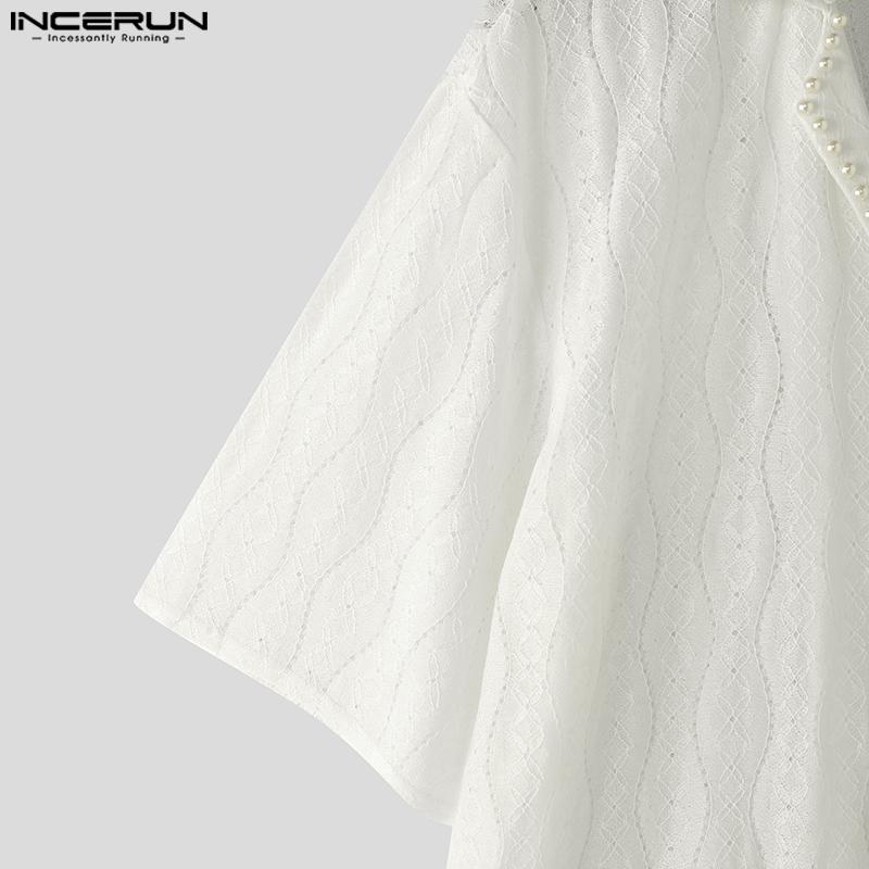 INCERUN Men Beading Neck Short Sleeve Lace Crochet Casual Oversized Shirts