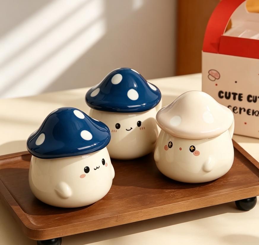 INS Style Mushroom Ceramic Coffee Mug with Lid, Cute Kawaii Tea Cup, Funny Animal Drinkware for Home Office