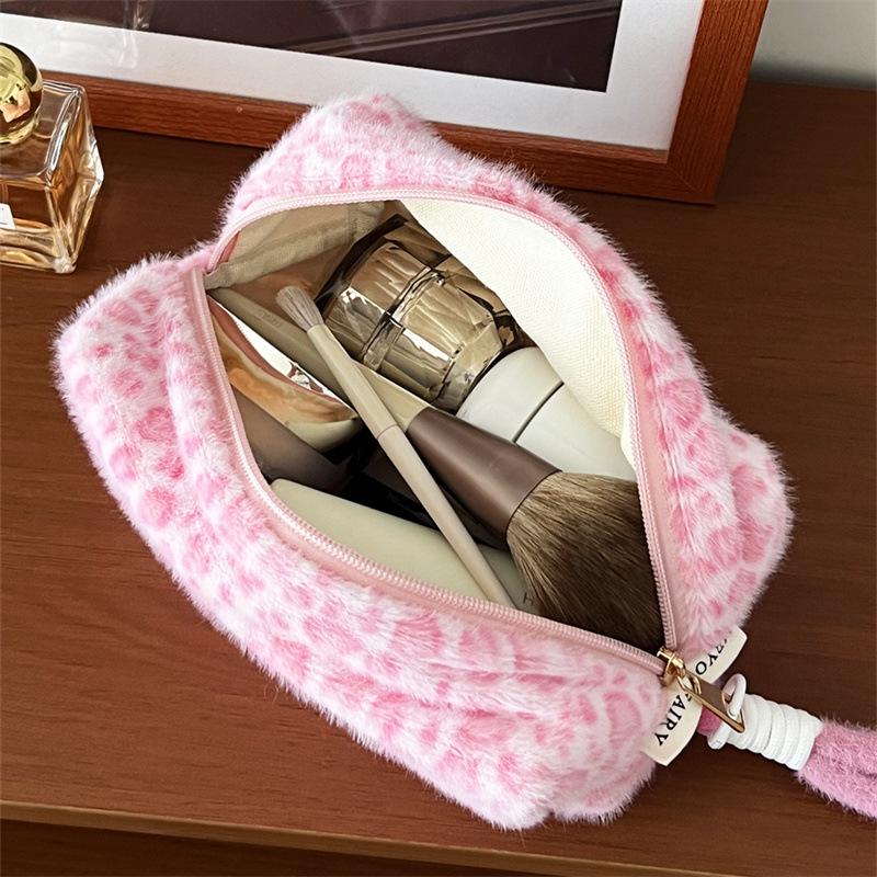 Leopard Print Pink Plush Bag: Large-Capacity, Portable Cosmetic Bag for Fall & Winter