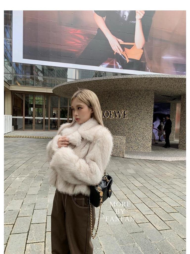 Women's Winter Fox Fur Coat - Short, Fluffy, Large Lapel Design