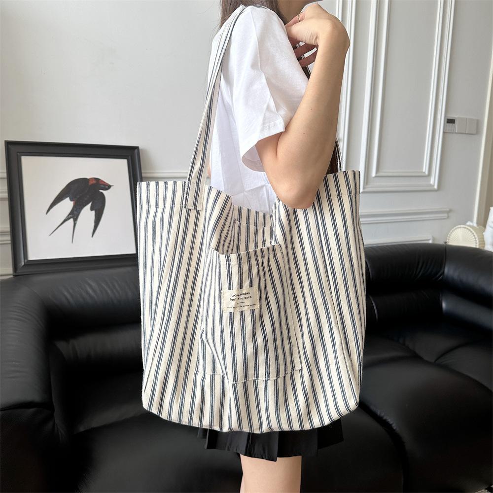 Vintage Striped Women's Shoulder Bags Large Capacity Female Reusable Shopping Bag Canvas School Girls Book Tote Handbags
