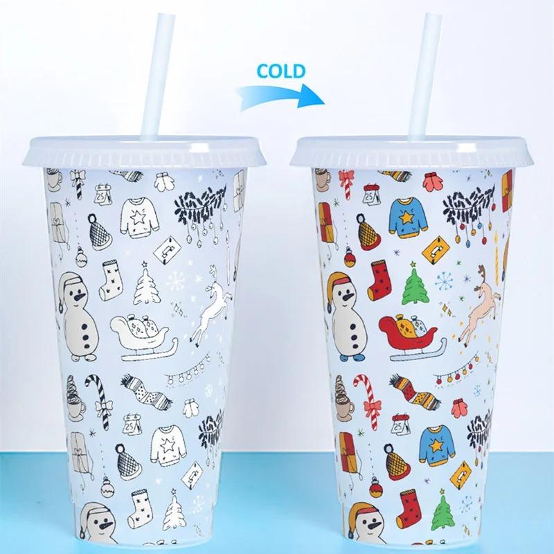 710ml PP Reusable with Straws Creative Water Cups Changing Colour Magical Plastic Cold Water Color Changing Cup for Halloween