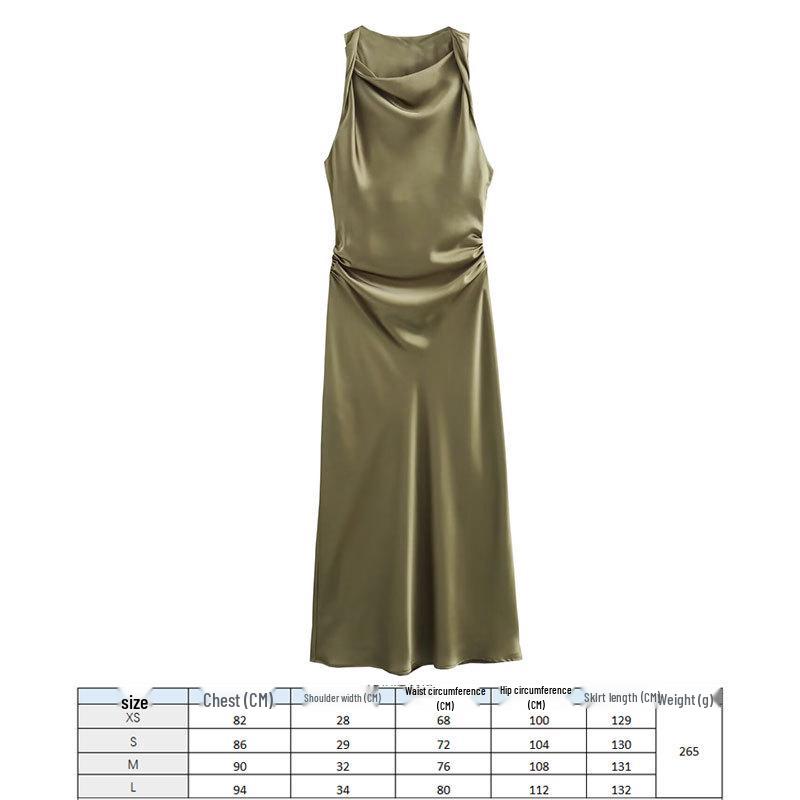 2024 European and American Fashion Black Silk Satin Midi Dress - Round Neck Sleeveless Design