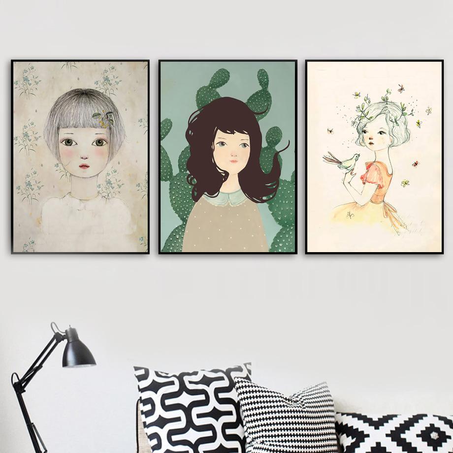 Mädchen Kaktus Blume Vogel Tier Wand Kunstdruck Leinwand Malerei Nordic Leinwand Poster Und Drucke Wand Bilder Baby Kinder Zimmer