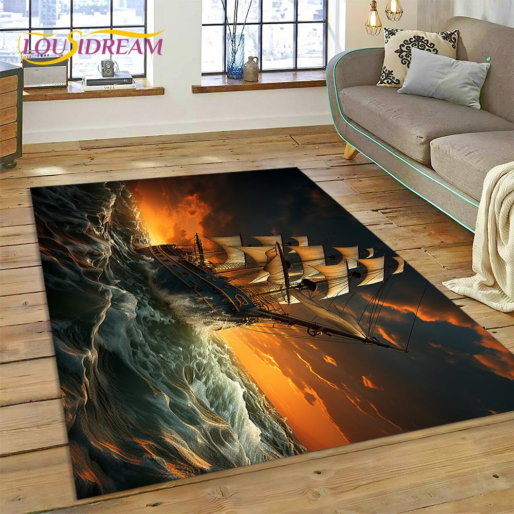 Ancient Pirate Ship Boat,Barque,Sailboa Rug Carpet for Living Room Bedroom Decor,Floor Mat Non-slip Decoration for Sofa Doormat