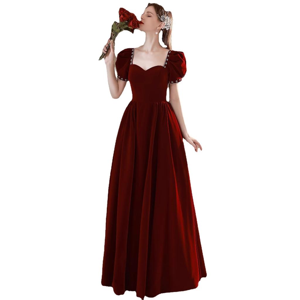 Velvet toasts 1011 new summer bride wedding engagement thin temperament burgundy bubble sleeve evening dress
