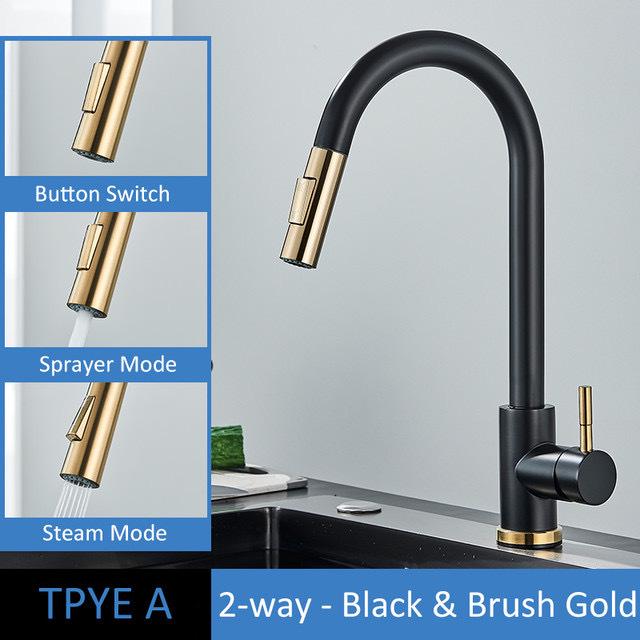 Gold & Black Brushed 304 Stainless Steel Pull-Out Kitchen Faucet for Sink & Vegetable Basin