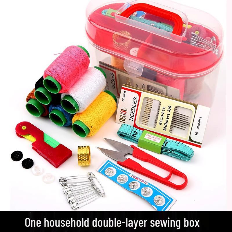 Sewing Kit with Thread, Needle, and Cross-stitch Tools in Solid Wood Pouch