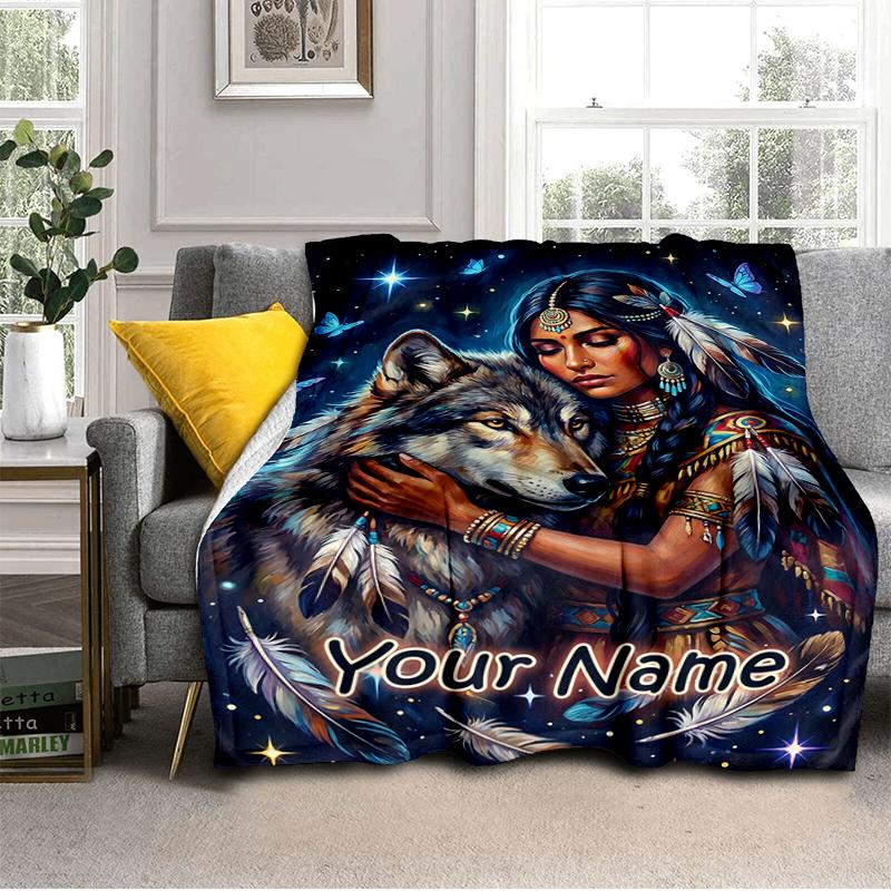 1PC Custom Name Wolf Spirit Connection Flannel Blanket Versatile,all-season Throw Suitable for the Living Room,bedroom,camping,travel,and Gift