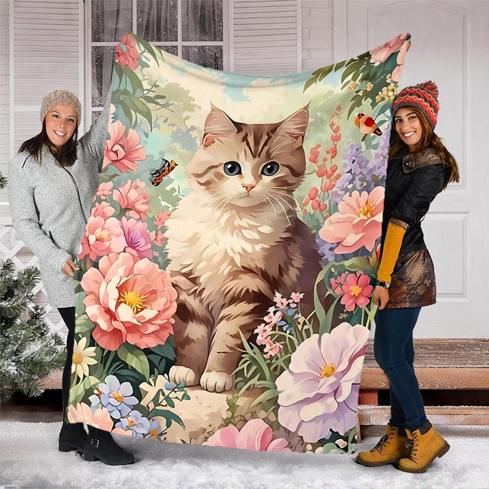 1pc Floral Garden Cat Outdoor Blanket - Soft Flannel Cozy for Travel & Camping - All-Season Warm Bed Cover, Machine Washable Yy251229065