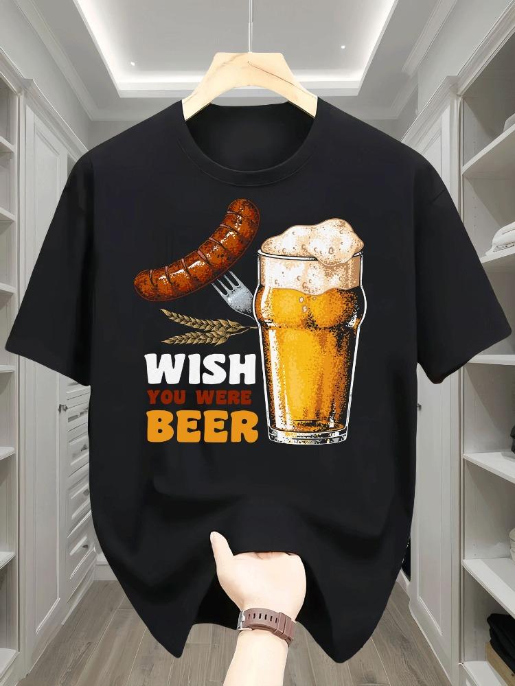 Unisex White Crew Neck Cotton T Shirt Wish You Were Beer Sausage Wheat Graphic Funny Drinking Party Short Sleeve Casual Daily Tops