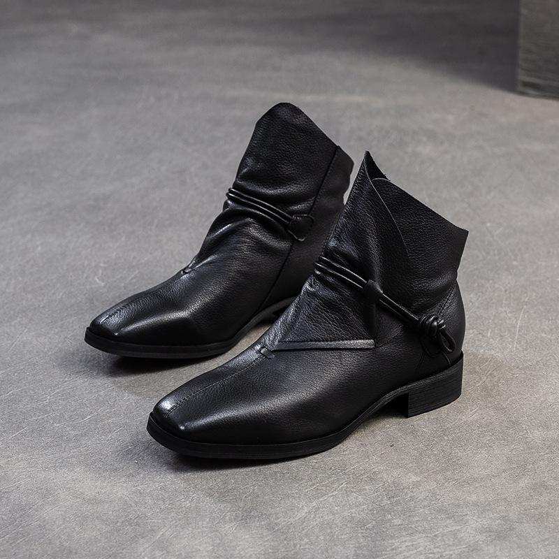 

Johnature Британский стиль Толстый каблук Короткие сапоги Модные универсальные из натуральной кожи Ретро квадратный носок женские туфли 35 чёрный