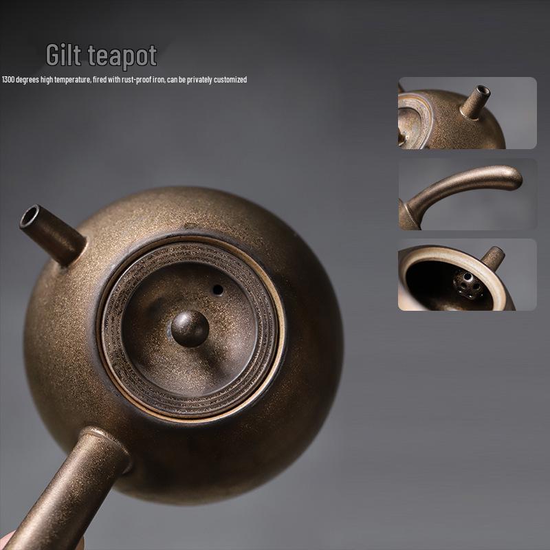 Gilded Retro Handmade Ceramic Side-Handle Teapot with Filter - Gongfu Tea Set