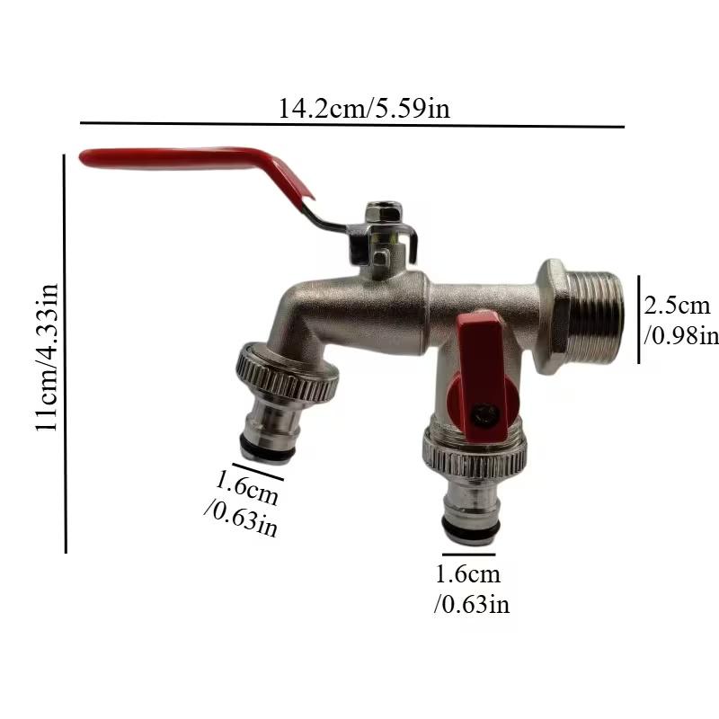 3/4 Inch Zinc Alloy Garden Water Pipe with Red Handle-double Outlet, Including Sealing Ring and Raw Material Belt