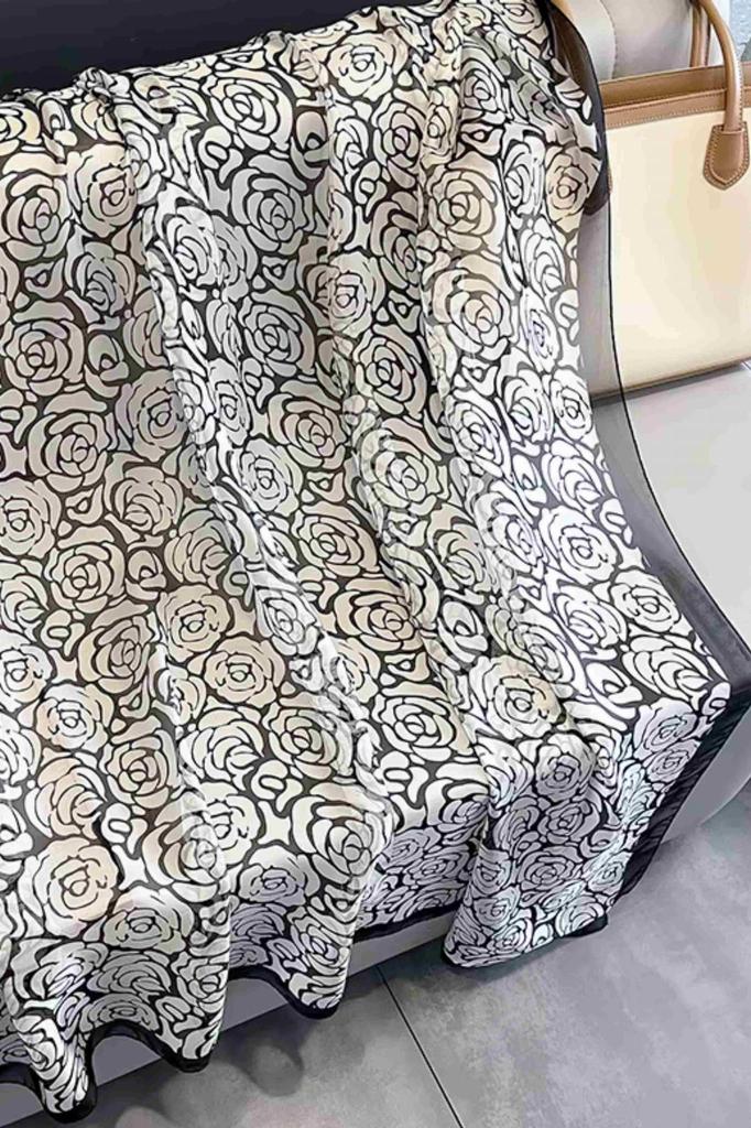 Scarf with a Rose Motif - Black and White, Elegant, Light