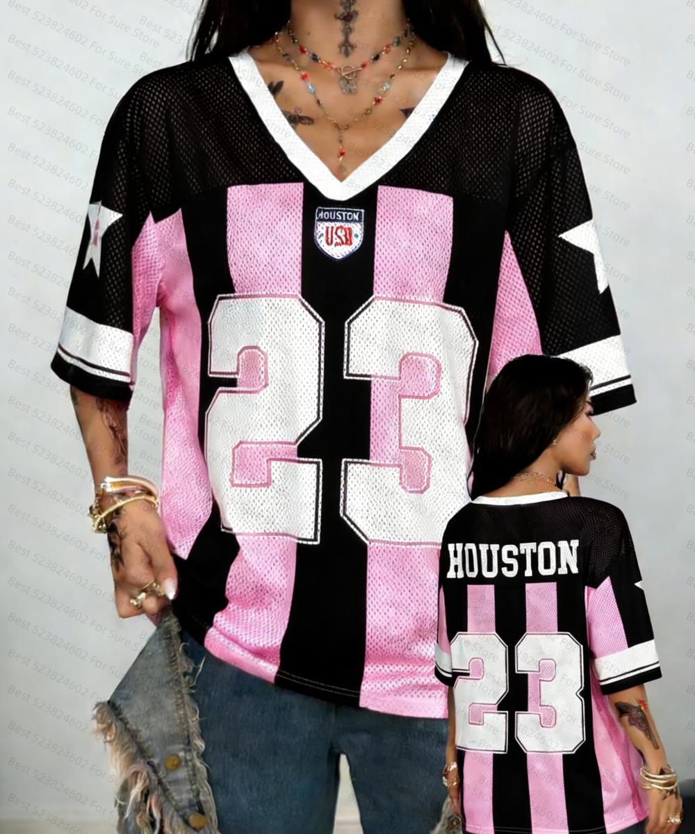 

Women s Pink Striped Number Pattern Jersey T-Shirt, Short-Sleeve Loose Mesh Casual Top XXS