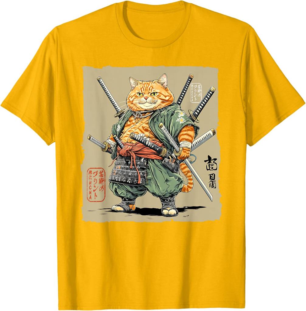 Samurai Cat Warrior Swords Graphic Tee Mens Cotton Casual TShirt