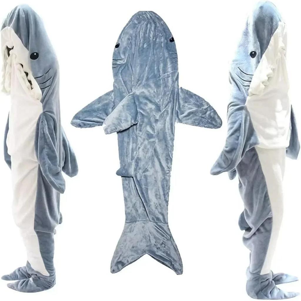 Cartoon Shark Blanket Plaid Gown Sleeping Bag Women Pajamas Adult Blanket Flannel Shark Nightrobe Comfy Bathrobe Homewear Gift