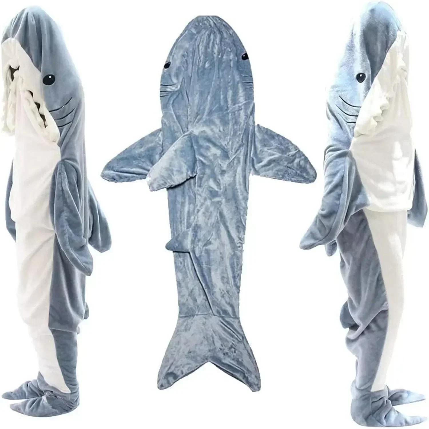 Cartoon Haai Deken Geruite Badjas Slaapzak Dames Pyjama Volwassen Deken Flanellen Haai Nachtjapon Comfortabele Badjas Huispak Cadeau L-140cm