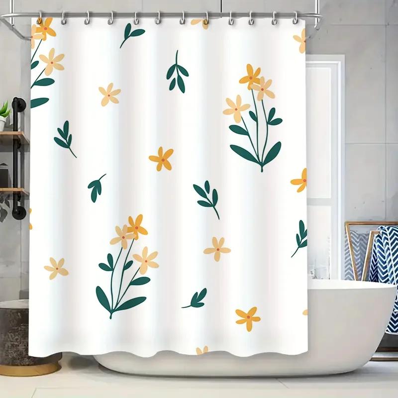 

White Shower Curtain With Floral Print Modern Home Decor For Bathrooms W60H190(CM)-1 Pcs