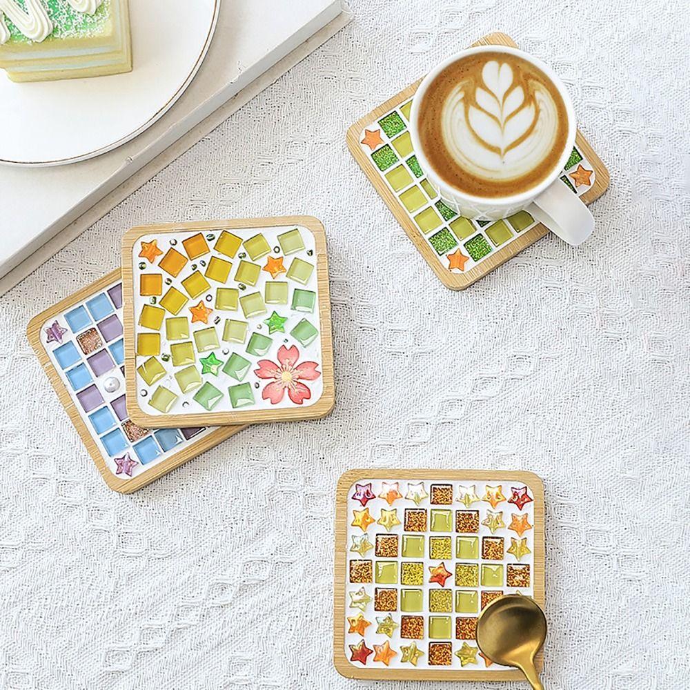 Square Round DIY Mosaic Cup Mat Mosaic Glass Bamboo Pad Creative Handmade Coaster  Toys