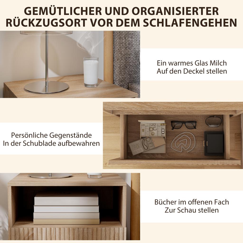 Nightstand, Handle-Free Design, Open Compartment, Drawer, Wall Mounted, Light Brown
