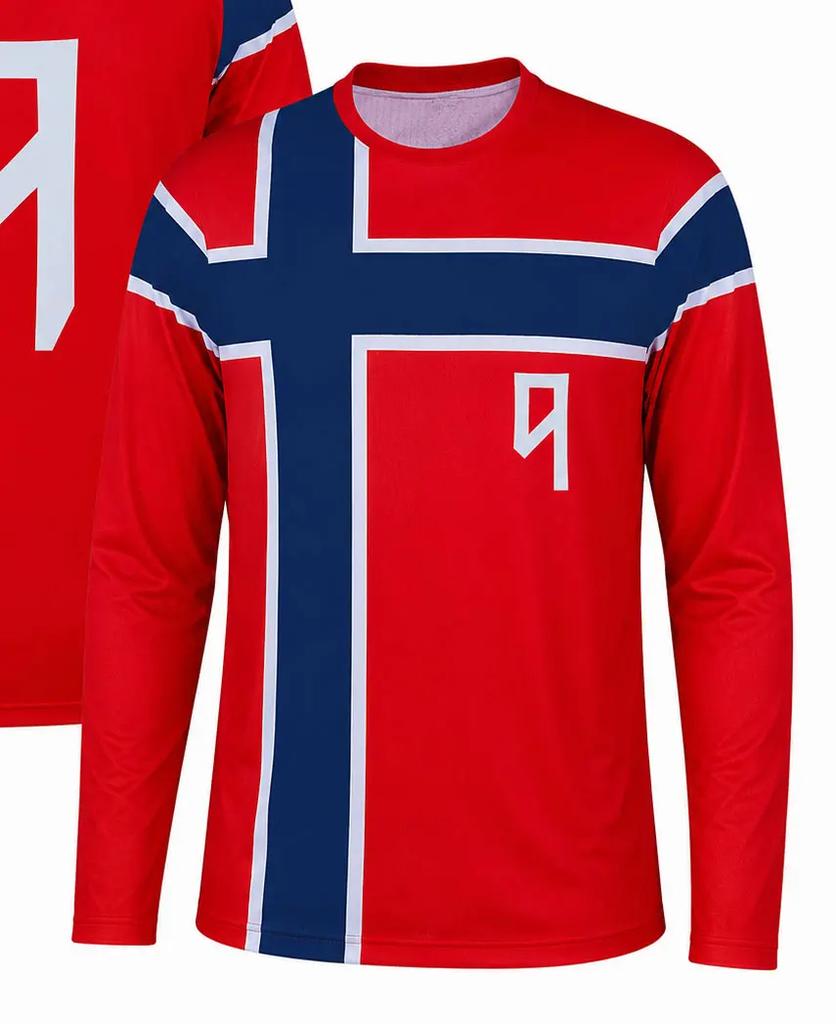 Men's Norway Flag Haaland No.9 Long Sleeve Soccer Jersey, 3D Print Braut Haaland Football Shirt, Breathable Quick Dry Sports Top